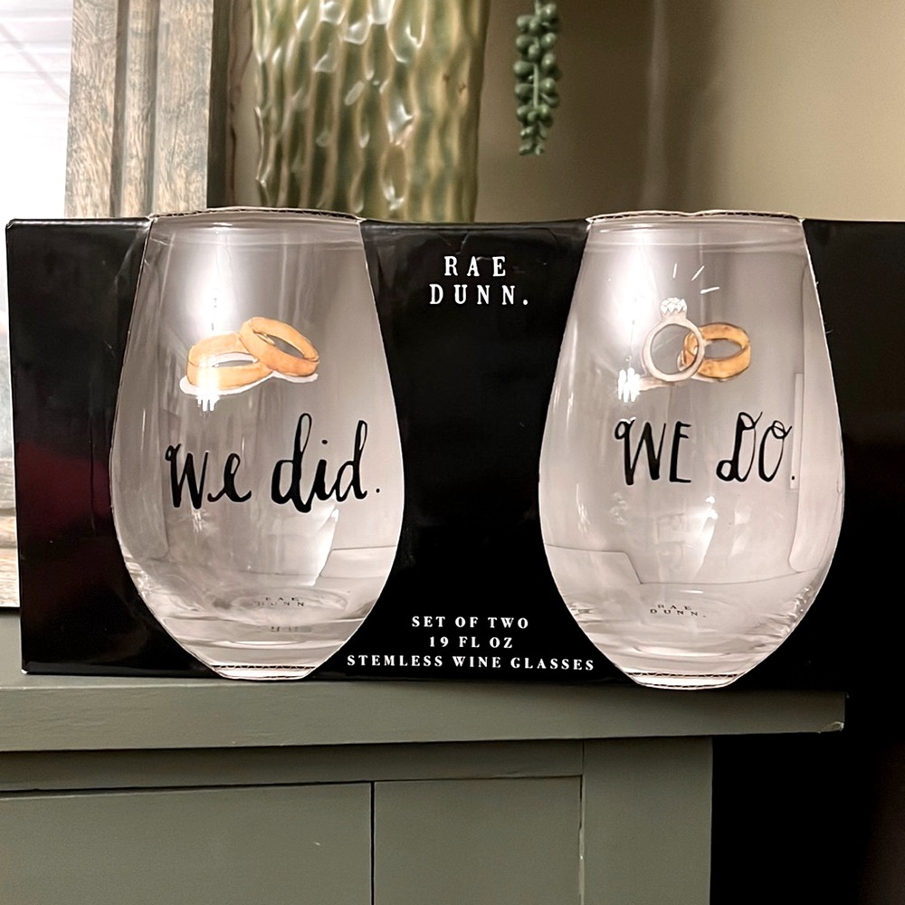 RAE DUNN new in box stemless wine glasses “We Did”, “We Do”!